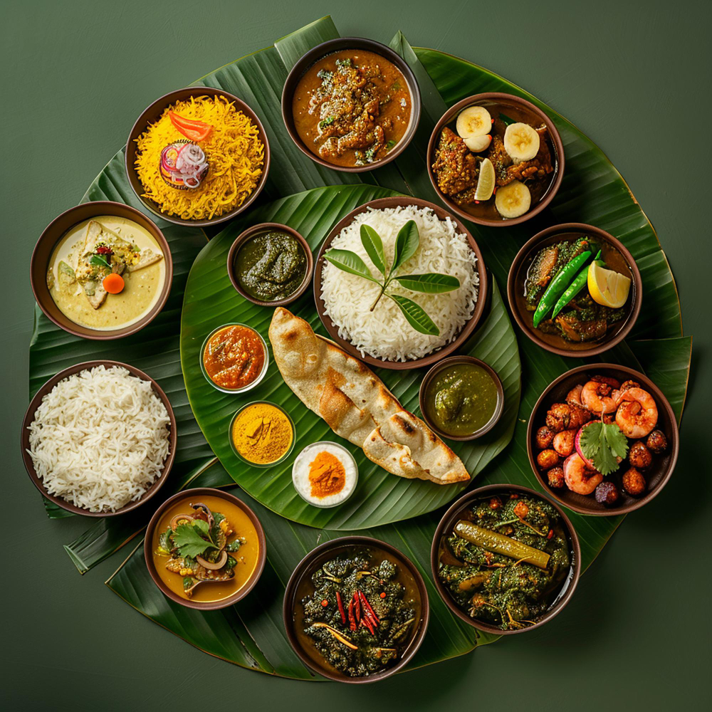 Indiase menu — rijsttafel en gerechten op bananenblad